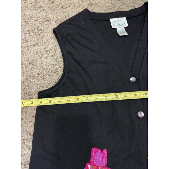 TE QUACKER FACTORY Women's Black Floral Embroidered Vest Grandma Core LARGE - Picture 6 of 7